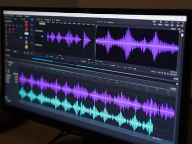 Wide panoramic view of a dark-mode video editing timeline, glowing violet audio waveforms, precise cuts, high-contrast interface details on a professional monitor.