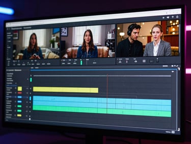 Dynamic video editing timeline showing multi-layered audio and video tracks, neon studio edge-lighting, and high-contrast dark screen glows.