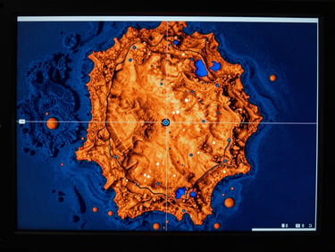 Extreme close-up of a rugged bathymetric sonar screen displaying a 3D seabed heatmap in high-contrast orange and deep blue, technical data overlays visible.