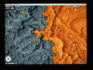 Extreme close-up of a high-precision bathymetric sonar screen showing a 3D seabed heatmap in slate and orange tones, technical data overlays.