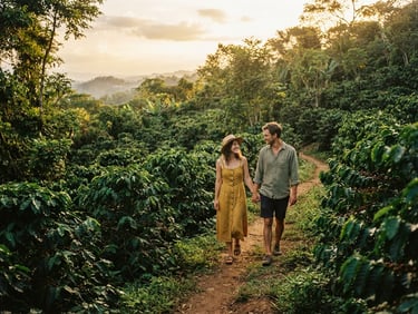 Candid shot of a couple walking through a lush green coffee plantation in Chiapas, soft golden hour sun, cinematic, rich organic tones.