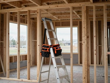 Interior framing of a residential house under construction, raw wood studs, tool belt hanging from a ladder, overcast daylight through open windows.