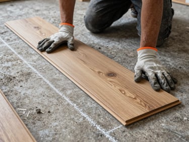 Gloved hands laying down a heavy oak flooring plank on a clean subfloor, chalk line visible, sharp focus, gritty documentary style.