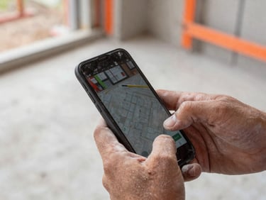 Close-up of a painter's hands holding a smartphone covered in light drywall dust, showing a digital layout on an active job site, natural daylight.