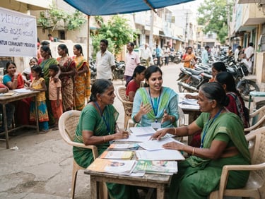 Documentary photo of local volunteers coordinating a community outreach program in Guntur, bright natural daylight, realistic setting, 35mm lens
