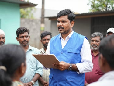 Medium shot of a local community leader in Guntur wearing a clean blue vest, holding a clipboard, speaking with residents, natural daylight
