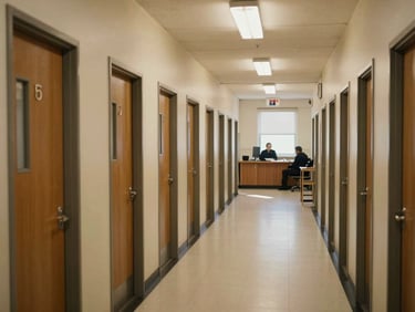 Wide shot of a boarding school dormitory corridor — rows of numbered doors, a housemaster seated at a monitoring desk at the far end under warm overhead lighting, institutional but orderly and lived-in