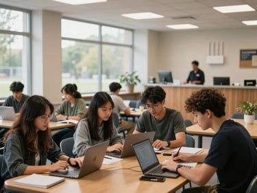 Environmental wide shot of a university student residence common area in active use — students at tables with laptops and notebooks, a clearly marked Wi-Fi router on the wall, natural daylight through large windows, a staff member visible at the reception counter in the background
