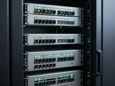 Clean server cabinet with green status lights, organized patch panels, technical cool lighting