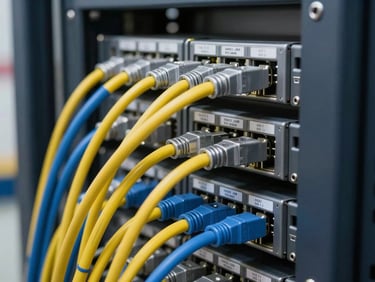Close-up of a perfectly organized network rack inside a port terminal, clean blue and yellow patch cords, clear labeling