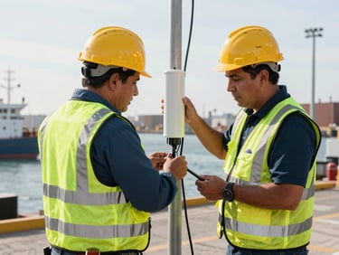 Dos ingenieros de telecomunicaciones mexicanos con chalecos de seguridad de alta visibilidad y cascos trabajando en la instalación de un nodo de red en un entorno industrial portuario, luz natural de día.