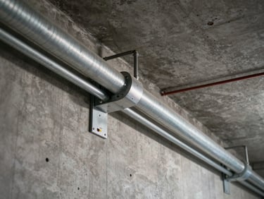 Symmetric structured cabling path along a concrete industrial ceiling, steel conduits, professional alignment
