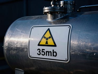 Close-up of a hazardous material placard on a stainless steel chemical tanker valve, sharp details, 35mm