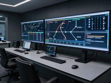 Modern logistics control room with digital route tracking screens and telemetry data, 35mm