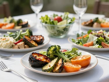Bright editorial shot of a beautifully set outdoor dinner table, platters of fresh roasted vegetables and colorful salads, soft daylight