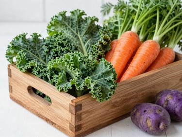 A rustic wooden box overflowing with vibrant green kale, bright orange carrots, and heirloom purple potatoes on a bright white surface, natural morning daylight.