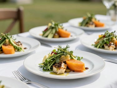 An outdoor farm-to-table dining setup with beautifully plated seasonal dishes, fresh herbs, and bright daylight, shallow depth of field.