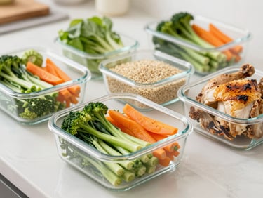 Clean kitchen prep table with neatly arranged glass containers of sliced organic vegetables, quinoa, and roasted chicken, bright diffused lighting.