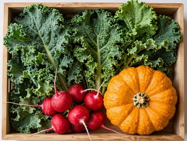 Top-down flat lay of a wooden box filled with vibrant green kale, bright radishes, and heirloom squash, natural morning light
