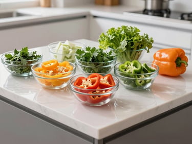 Clean modern kitchen counter with neatly arranged glass bowls of sliced colorful peppers, herbs, and fresh ingredients, bright daylight