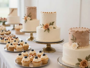 Beautifully decorated cake and dessert table at a social celebration, with soft ambient lighting. Warm desaturated earth tones, elegant styling, shallow depth of field, 35mm.