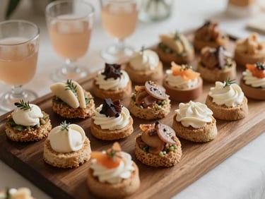Elegant display of gourmet canapés and cocktails on a dark wooden tray. Soft warm lighting, warm desaturated earth tones, elegant styling, shallow depth of field, 35mm.