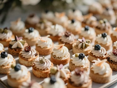 Close-up of delicately arranged canapés on a serving tray at a cocktail event, bright natural daylight, warm desaturated earth tones, elegant styling, shallow depth of field, 35mm
