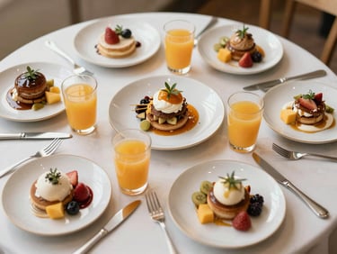 Overhead shot of a vibrant brunch table with various small plates, juices, and elegant cutlery, soft natural daylight, warm desaturated earth tones, elegant styling, shallow depth of field, 35mm