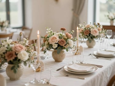 A beautifully set table for a social celebration, with elegant floral arrangements and fine dining elements, soft natural daylight, warm desaturated earth tones, elegant styling, shallow depth of field, 35mm
