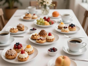 Wide shot of an elegant coffee break setup with pastries, fresh fruits, and coffee, bright natural daylight, warm desaturated earth tones, elegant styling, shallow depth of field, 35mm