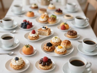 Overhead shot of a meticulously arranged coffee break table with assorted pastries, fresh fruits, and elegant coffee cups. Soft natural daylight, warm desaturated earth tones, elegant styling, shallow depth of field, 35mm.