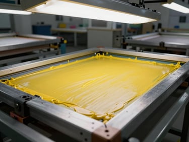 Wide-angle tight shot of a screen printing frame pressing ink onto fabric on a print table, bold yellow ink being squeegeed, industrial overhead light