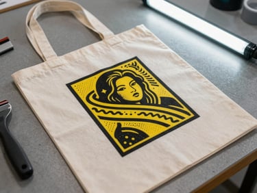 Overhead tight shot of a screen-printed cotton tote bag flat on a warehouse floor, sharp black and yellow print, squeegee and ink tools partially visible at frame edge, strong fluorescent light