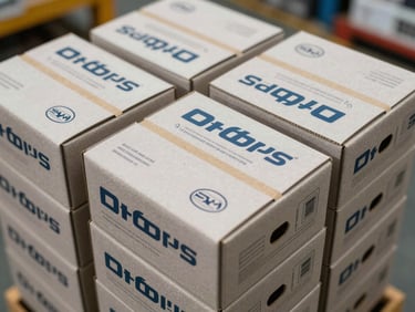 Overhead tight shot of custom-printed folding carton packaging boxes stacked in a warehouse, crisp branded print on each face, fluorescent light