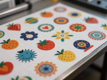 Macro shot of a sheet of die-cut custom stickers on a release liner, vivid colors, sharp print edges, lit from above in warehouse