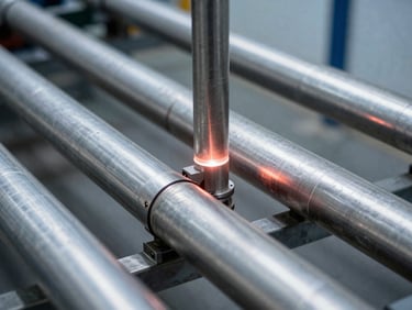 High-contrast cool-toned industrial light reflecting off clean metal pipes during a laser shearography inspection