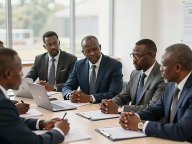 Professional corporate training session, diverse Central African leaders collaborating around a table, bright natural daylight.