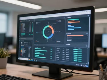 Close-up of a high-tech digital interface displaying data analytics, cool-toned office lighting, professional and precise.