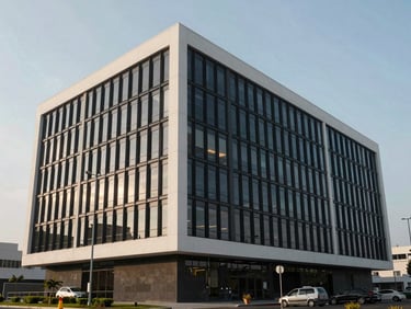 Clean modern corporate headquarters exterior in Equatorial Guinea, sharp architectural lines, soft daylight.
