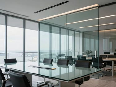 Modern glass boardroom in Malabo, clean architectural lines, professional lighting, minimal and corporate.