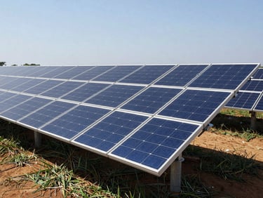 Wide environmental shot of clean energy infrastructure in Central Africa, solar panels under bright daylight, professional framing.