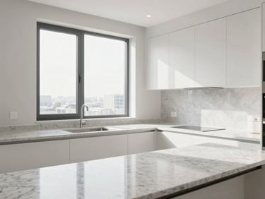 Bright modern apartment kitchen with quartz countertops, natural window light, clean minimalist design, high-end real estate editorial, 35mm lens