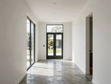 Contemporary townhouse entryway, polished concrete floors, natural daylight, clean architectural lines, real estate editorial, 35mm lens