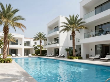 Modern residential community pool area, palm trees, bright daylight, clean architectural lines, real estate editorial photography, 35mm lens.
