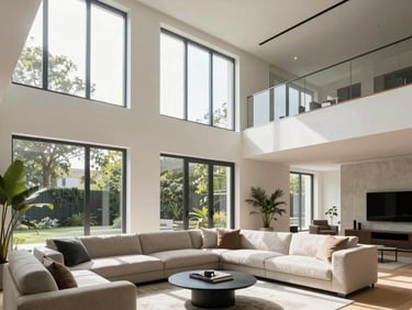 Sunlit modern townhouse living room, high ceilings, large windows, minimalist furniture, real estate editorial photography, 35mm lens.