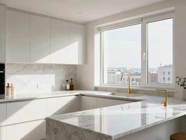 Bright modern apartment kitchen with natural light, marble countertops, gold fixtures, real estate editorial photography, 35mm lens.
