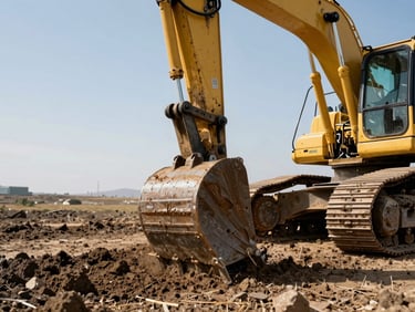 Low-angle heroic shot of a yellow excavator bucket digging into dark Yakima Valley soil, harsh midday sun, high contrast, 35mm.