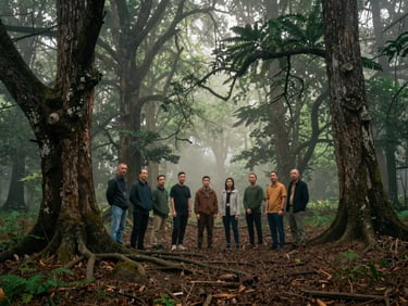 Group of local residents standing together in a clearing of an ancient forest, misty morning light