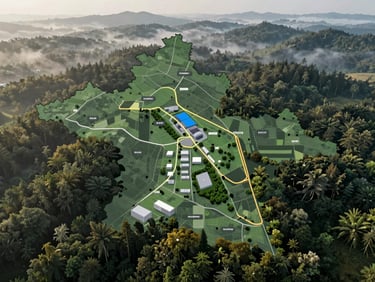 A detailed map overlay of a green forest region showing planned industrial zones, clean graphic style