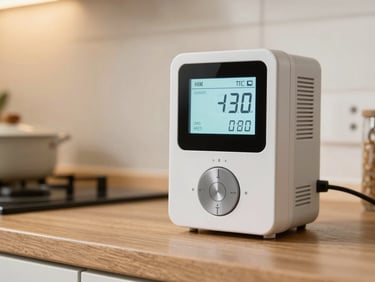 Close-up of a smart energy meter on a kitchen counter in a UK home, display showing low consumption figures, warm indoor light